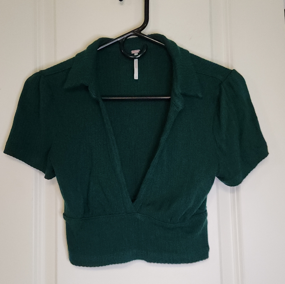 Free People Collared Crop Top Green Women's Top